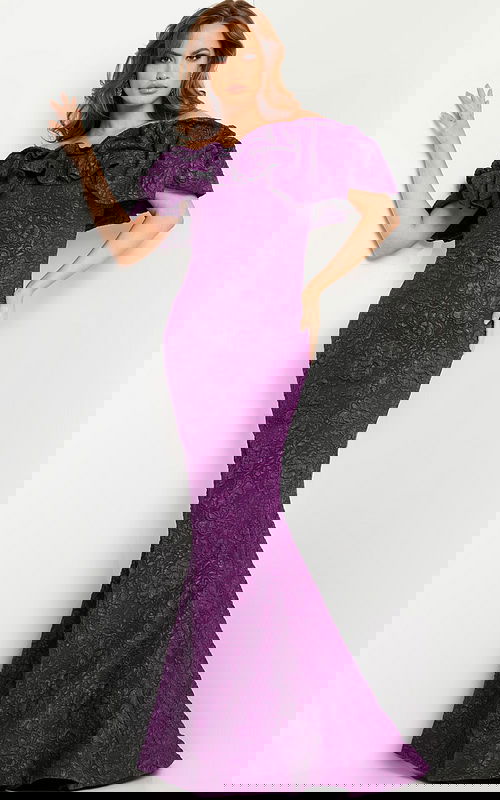 Model wearing Jovani 23847 purple gown with ruffled neckline and mermaid silhouette