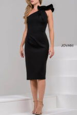 model wearing Jovani 23886 in black with one-shoulder ruffle design