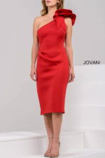 model wearing Jovani 23886 in red showcasing front design