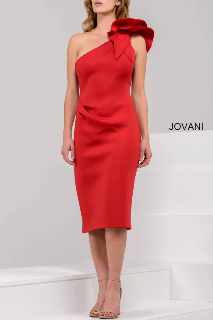 model wearing Jovani 23886 in red showcasing front design
