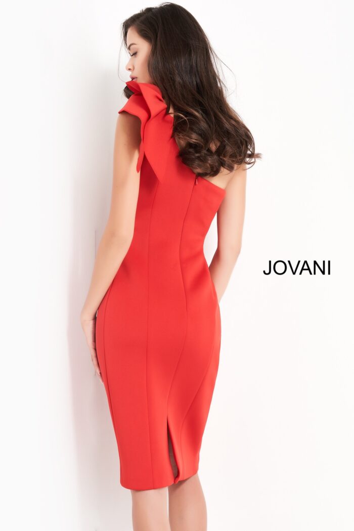 model wearing Jovani 23886 in red showcasing back design