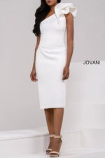 model wearing Jovani 23886 in white showcasing front design