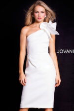 model wearing Jovani 23886 in white showcasing front design