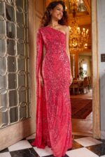 Model in Jovani 23887 in pink with one-shoulder design and sequins