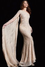 Model displaying the front of Jovani 23887 in nude with intricate sequins