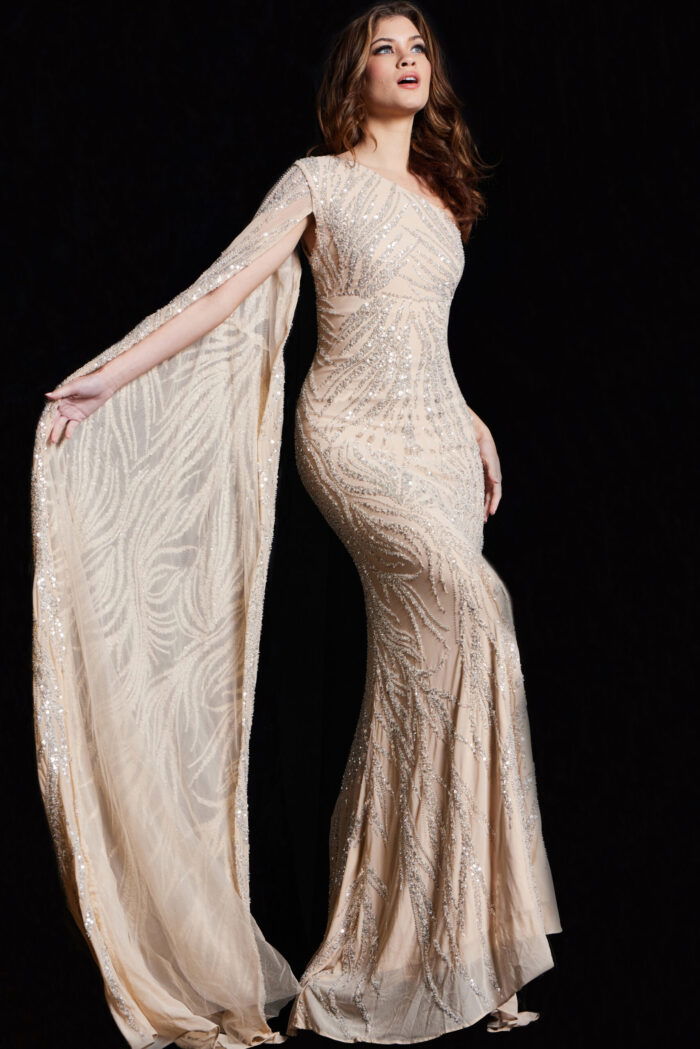 Model displaying the front of Jovani 23887 in nude with intricate sequins