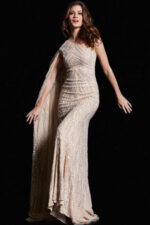 Front view of Jovani 23887 with sequined details in nude