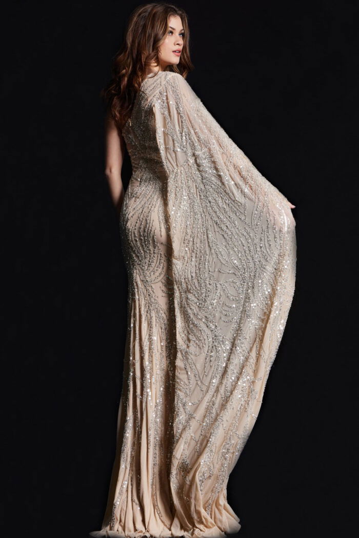 Back view of Jovani 23887 showcasing nude sequin detailing