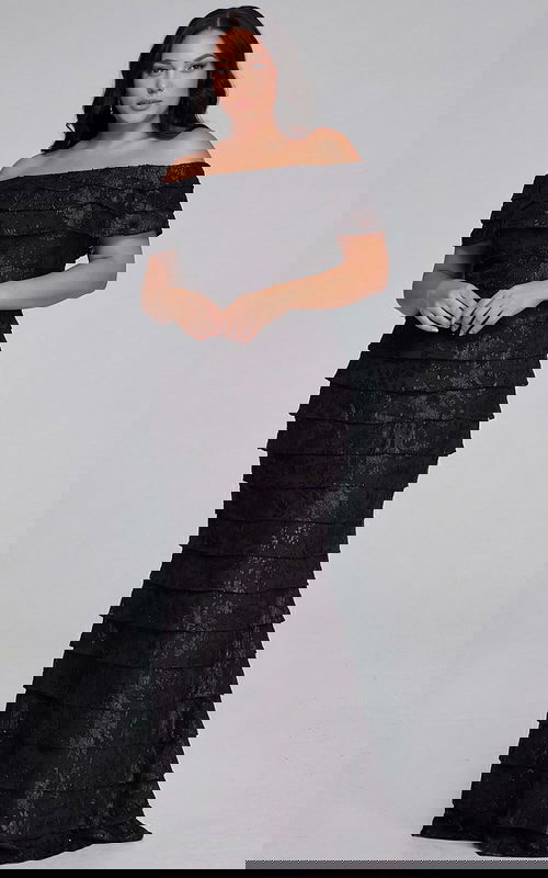 Off shoulder tiered sequin evening gown