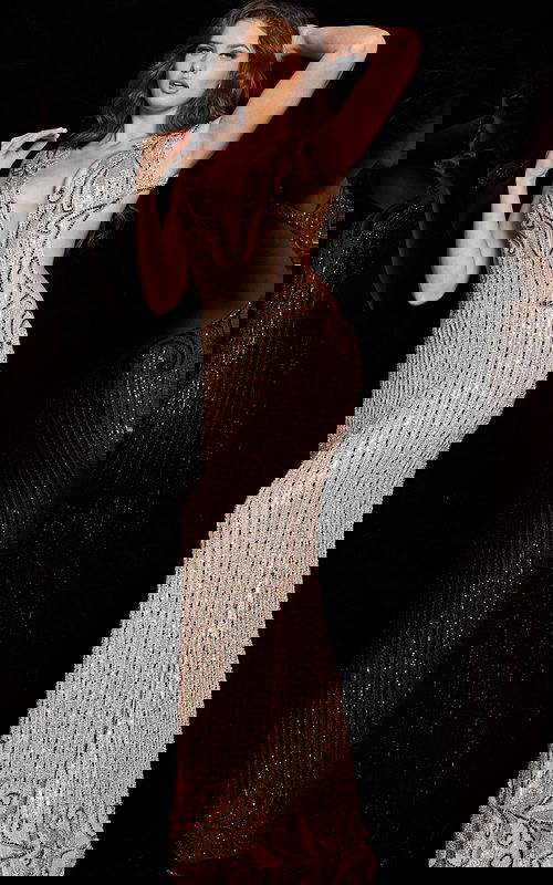 Model wearing Jovani 23896 blush dress with front view and deep V-neckline.