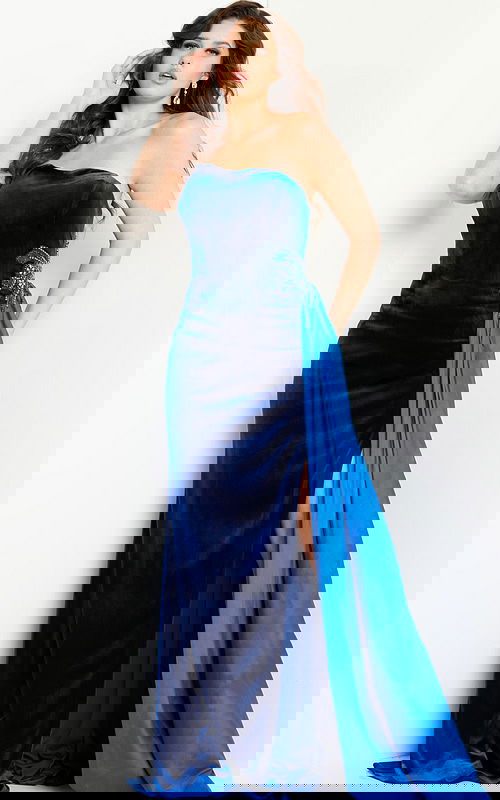 Model wearing Jovani 23942 royal blue gown with off-shoulder neckline and side slit.