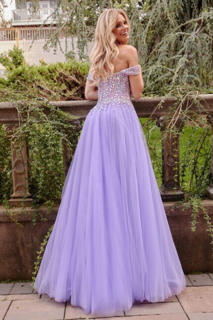 Back view of Jovani 23963 lilac gown showcasing off-the-shoulder style and embellishments
