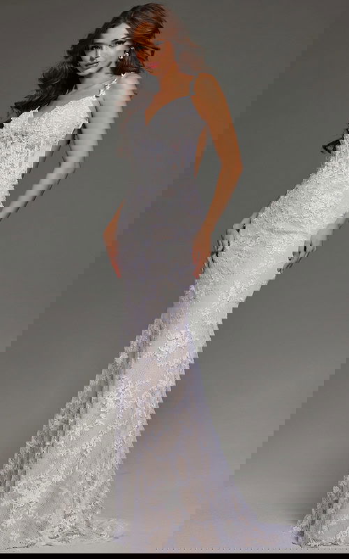 model wearing Jovani 23965 white mermaid gown with lace and floral details