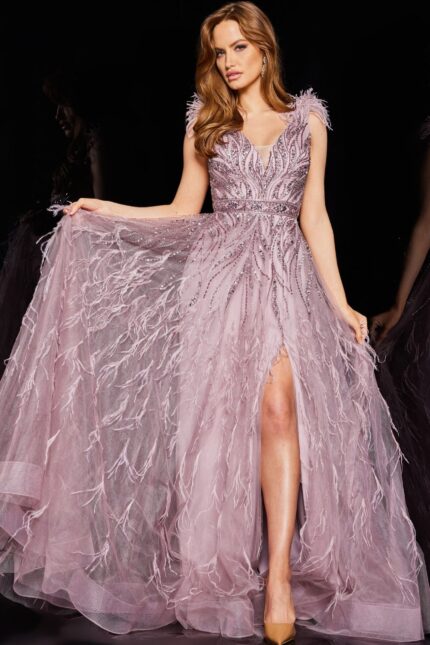 Model wearing Jovani 24000 purple dress with V-neckline and beadwork.