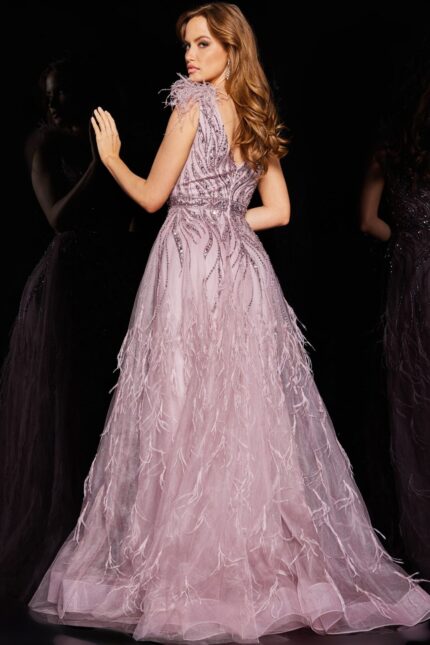 Back view of Jovani 24000 purple dress showcasing intricate beadwork.