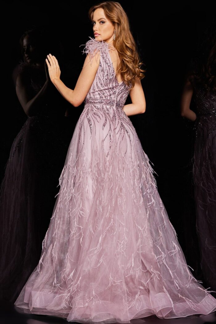 Back view of Jovani 24000 purple dress showcasing intricate beadwork.