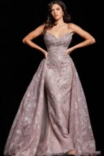 Model wearing Jovani 24001 taupe dress with sweetheart neckline and beaded details.