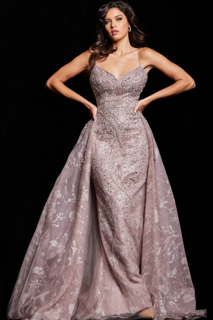 Model wearing Jovani 24001 taupe dress with sweetheart neckline and beaded details.