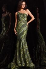 Model in green 24031 with one-shoulder and sequins.