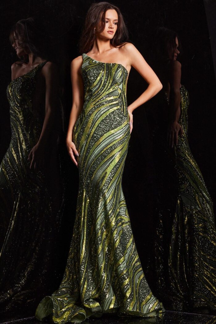 Model in green 24031 with one-shoulder and sequins.