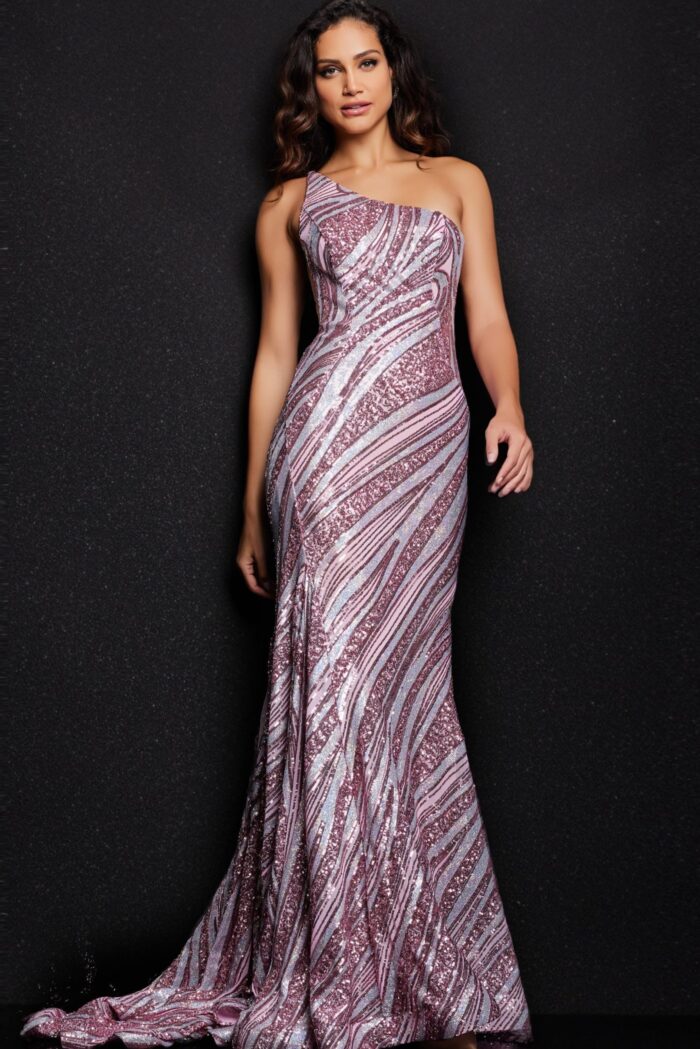 Model wearing 24031 in pink with a one-shoulder neckline.