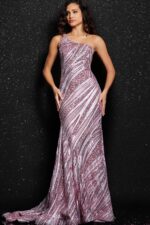 Side view of model in 24031 pink one-shoulder sequined dress.