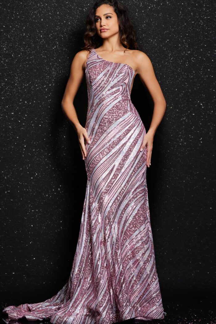 Side view of model in 24031 pink one-shoulder sequined dress.