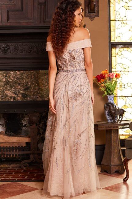 Back view of Jovani 24055 beige dress, featuring off-the-shoulder neckline and intricate embroidery.