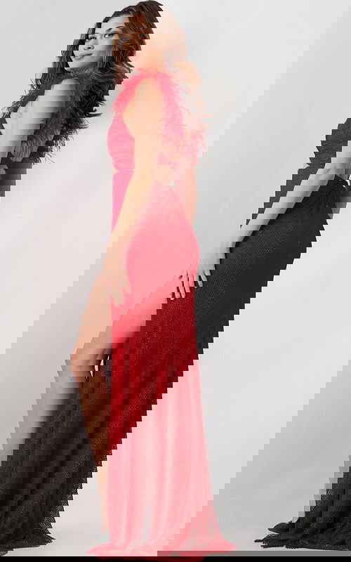 Model wearing Jovani 24095 in red, back view showing floor-length design.