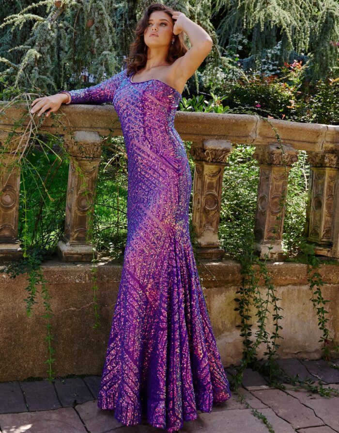 Full view of model wearing Jovani 24098 lilac dress, floor-length with sequins