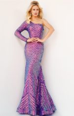 Model showcasing Jovani 24098 lilac dress with mermaid silhouette and sequins