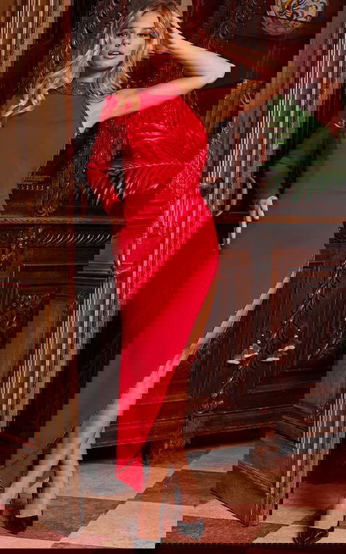 Model wearing Jovani 24103 red dress with high slit and one sleeve, front angled view.