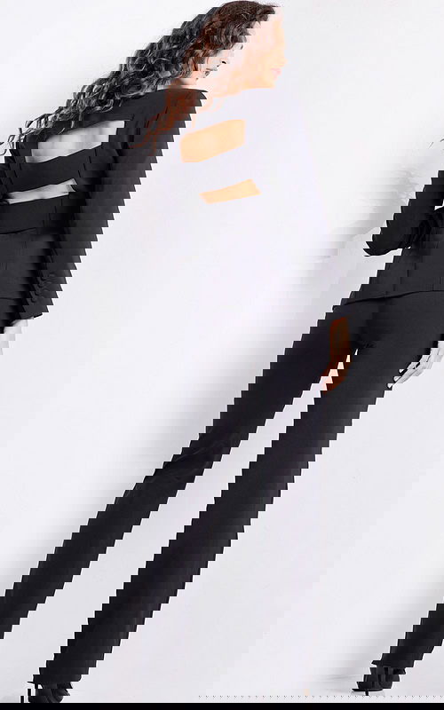 model wearing 24119 black jumpsuit with back cutout design