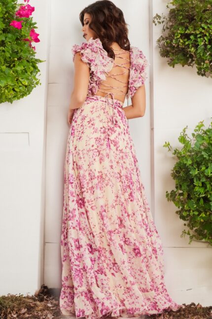 Back view of model wearing Jovani 24139 with lace-up detail