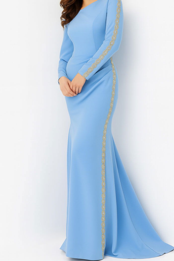 24191 long sleeves beaded blue dress