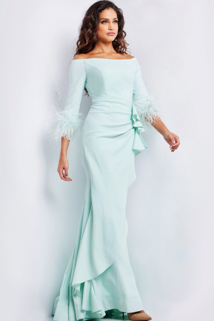 Model wearing Jovani 24195 green gown from front view