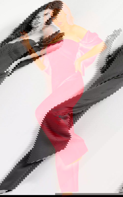 Model wearing Jovani 24278 burgundy dress with strapless neckline and dramatic sleeves.