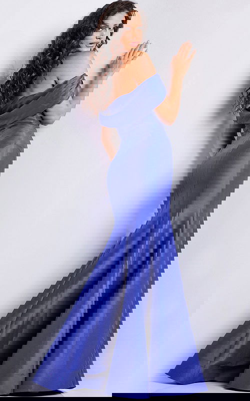 model wearing Jovani 24283 purple off-the-shoulder mermaid silhouette dress, back view