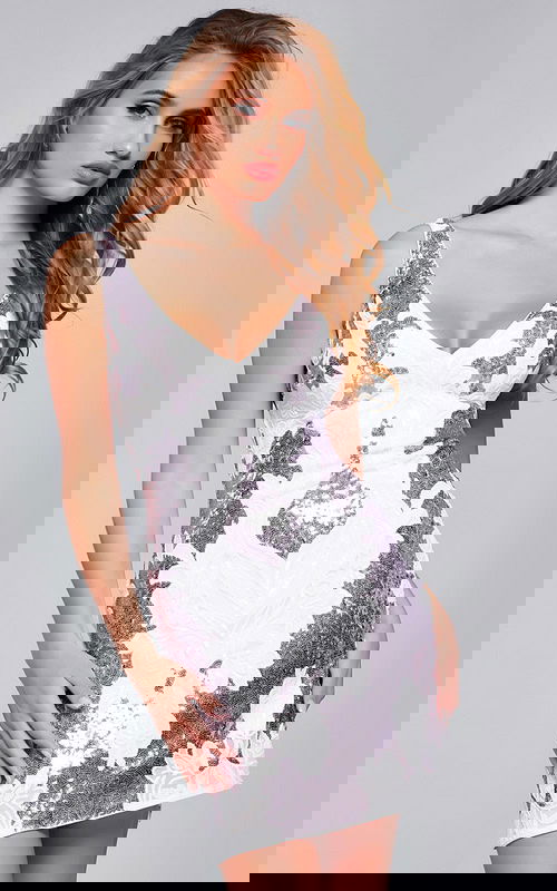 Model wearing Jovani 24510 white dress with sequins, front view