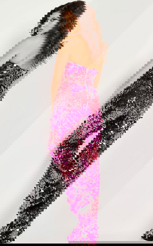 Back view of model in Jovani 24527 fuchsia sequin jumpsuit.