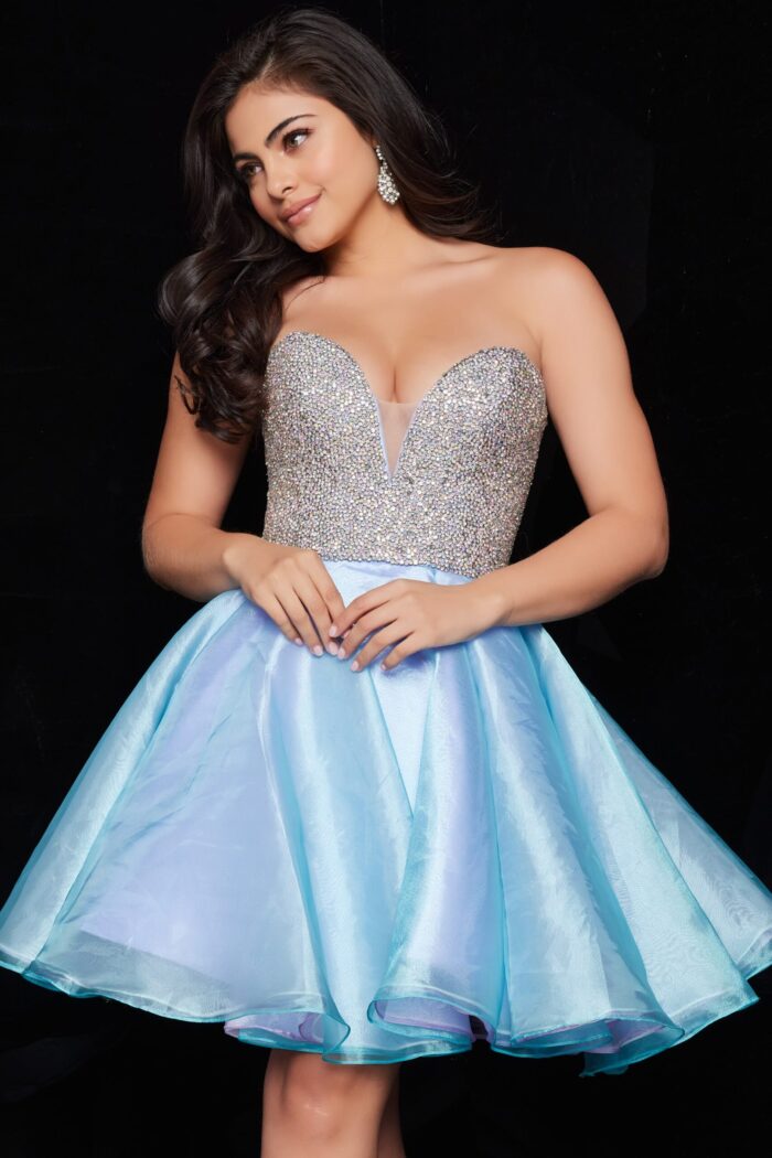 close-up of 24547 multi dress with sweetheart neckline and organza fabric