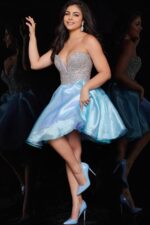 model showcasing 24547 multi dress with sparkling bodice and playful skirt