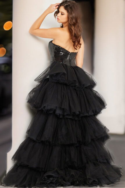 Back view of Jovani 24554 black sequin dress showing layered tulle.