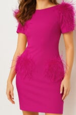 24558 fuchsia short dress with feathers