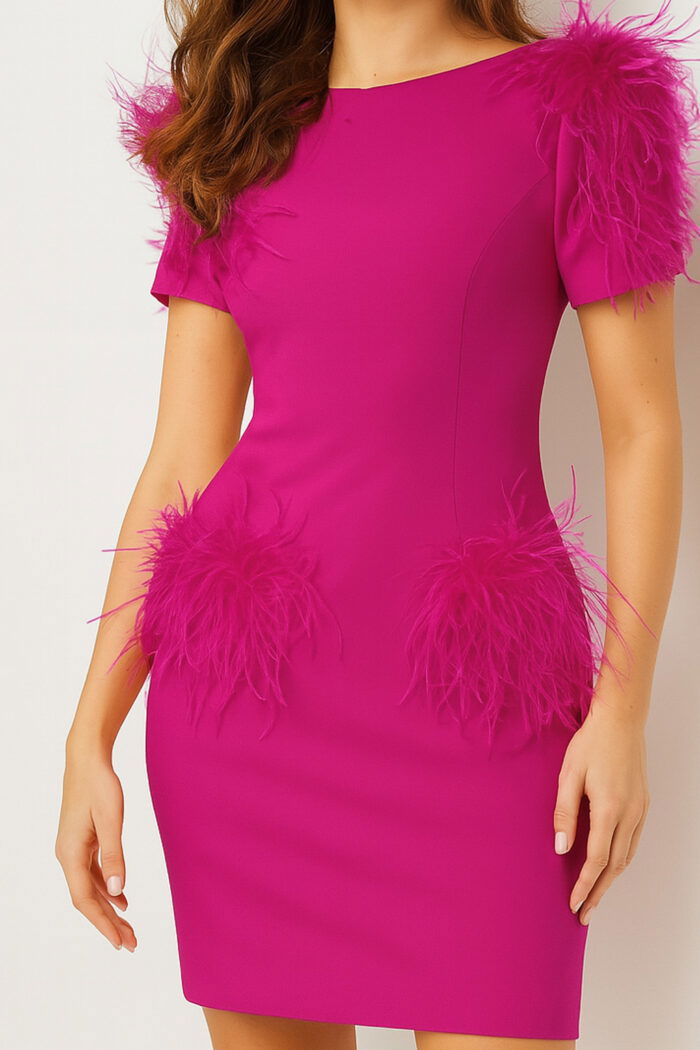 24558 fuchsia short dress with feathers