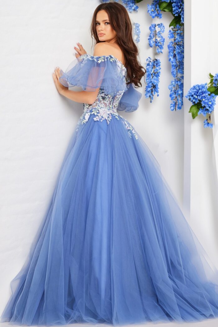 Back view of model wearing Jovani 24575 blue ball gown.