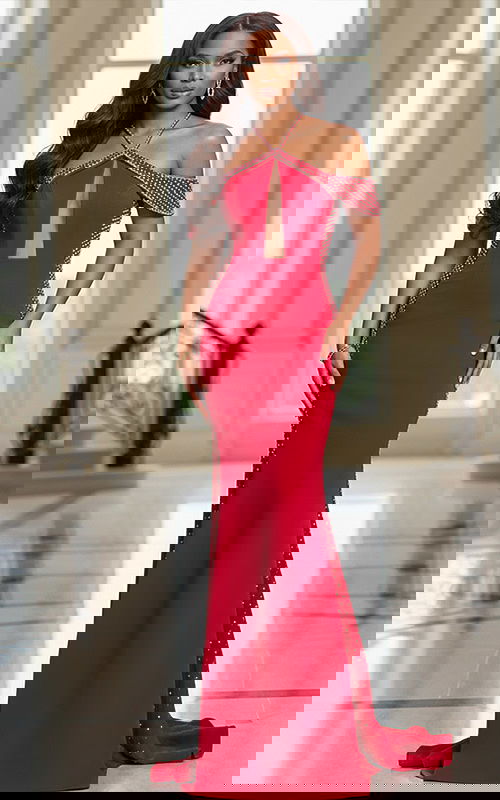 hatler neck red embellished dress