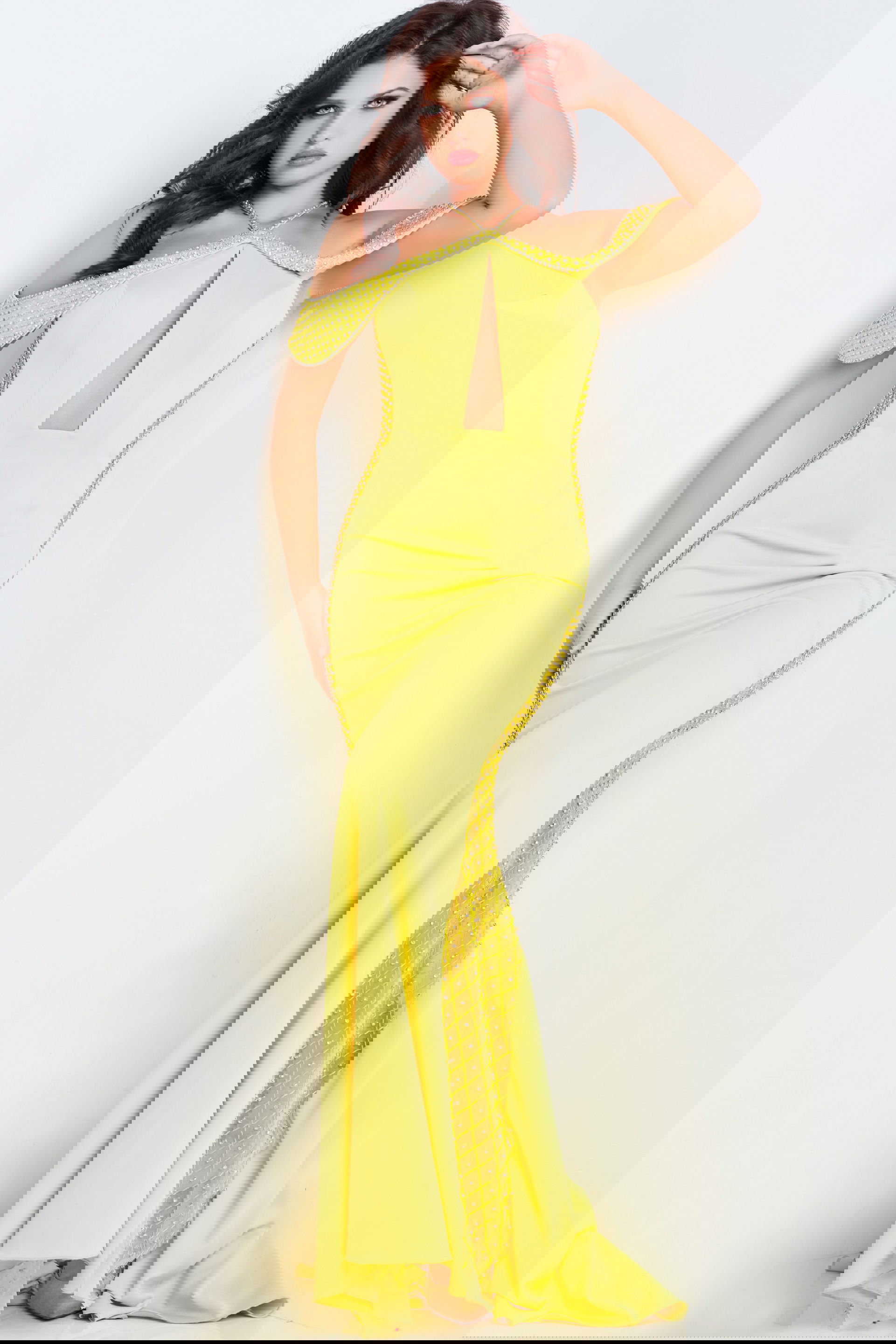 24611_4.jpg Model wearing Jovani 24611 yellow gown with off-the-shoulder neckline and beadwork.