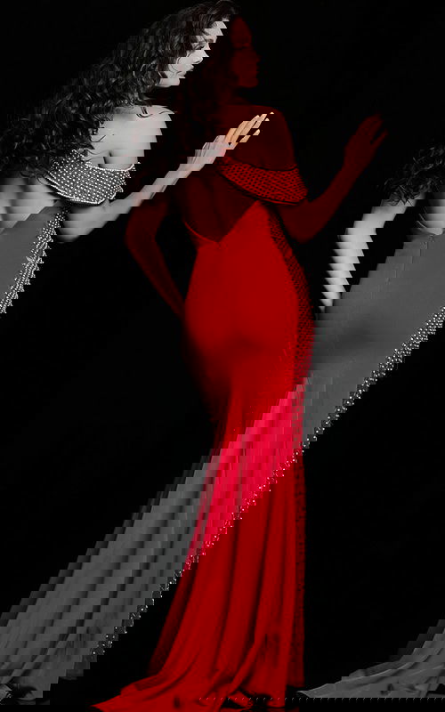 Back view of Jovani 24611 red gown featuring an open back design