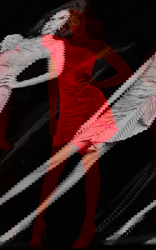 Model wearing Jovani 24647 pink mini dress with one-shoulder design and ruffles, full-length view.